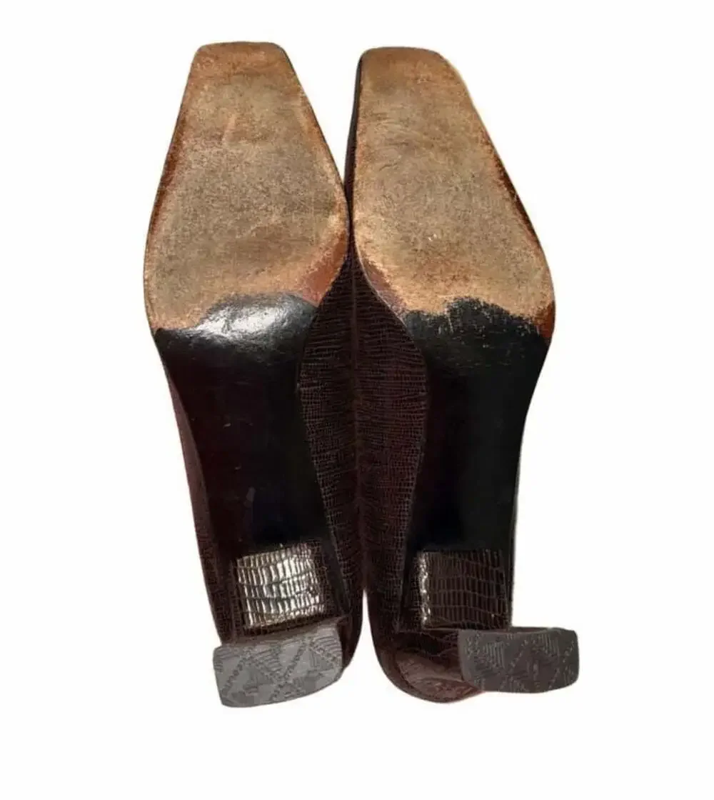 Stuart Weitzman Brown Snake Embossed Leather Square Toe Block Heel Pumps